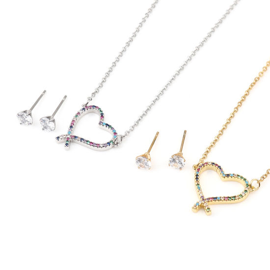 Stainless Steel & Copper Valentine's Day Jewelry Necklace Earrings Set Silver Tone Round Heart Micro Pave Multicolour Cubic Zirconia 44cm(17 3/8") long, 0.5cm Dia., Post/ Wire Size: (21 gauge), 1 Set の画像