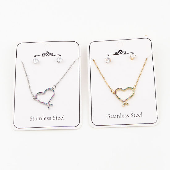 Stainless Steel & Copper Valentine's Day Jewelry Necklace Earrings Set Silver Tone Round Heart Micro Pave Multicolour Cubic Zirconia 44cm(17 3/8") long, 0.5cm Dia., Post/ Wire Size: (21 gauge), 1 Set の画像