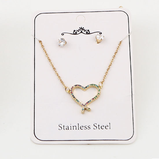 Stainless Steel & Copper Valentine's Day Jewelry Necklace Earrings Set Gold Plated Round Heart Micro Pave Multicolour Cubic Zirconia 44cm(17 3/8") long, 0.5cm Dia., Post/ Wire Size: (21 gauge), 1 Set の画像