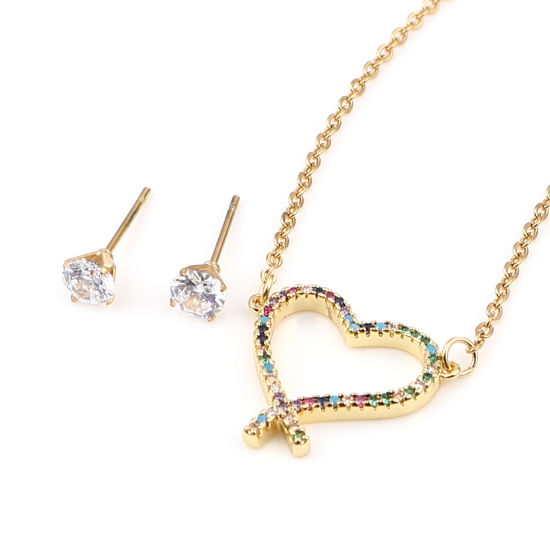 Stainless Steel & Copper Valentine's Day Jewelry Necklace Earrings Set Gold Plated Round Heart Micro Pave Multicolour Cubic Zirconia 44cm(17 3/8") long, 0.5cm Dia., Post/ Wire Size: (21 gauge), 1 Set の画像