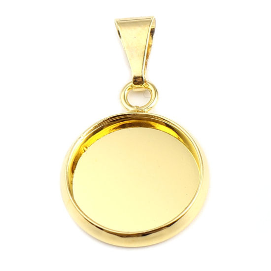 Picture of 5 PCs Brass Cabochon Settings Charm Pendant Findings Round Disc Gold Plated (Fits 14mm Dia.) 27mm x 16mm
