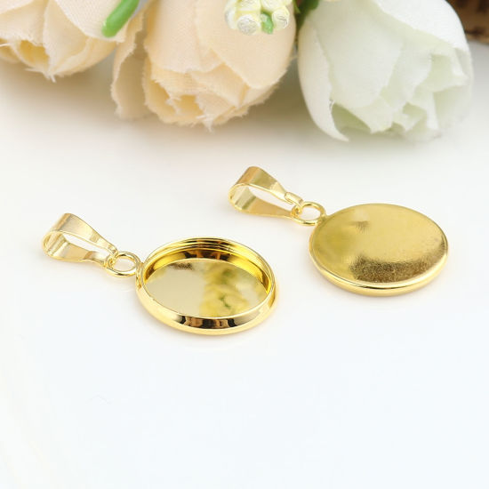 Picture of 5 PCs Brass Cabochon Settings Charm Pendant Findings Round Disc Gold Plated (Fits 14mm Dia.) 27mm x 16mm