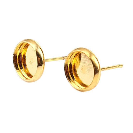 Iron Based Alloy Cabochon Settings Ear Post Stud Earrings Findings Round Gold Plated (Fit 8mm Dia.) 10mm Dia., Post/ Wire Size: (21 gauge), 30 PCs の画像