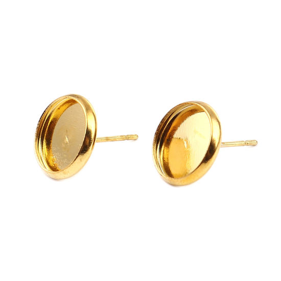 Iron Based Alloy Cabochon Settings Ear Post Stud Earrings Findings Round Gold Plated (Fit 10mm Dia.) 12mm Dia., Post/ Wire Size: (21 gauge), 30 PCs の画像
