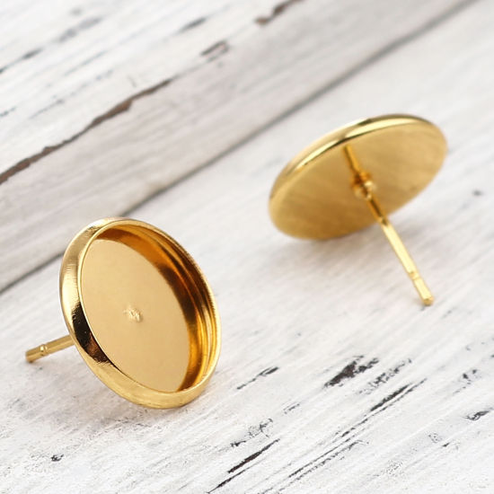 Iron Based Alloy Cabochon Settings Ear Post Stud Earrings Findings Round Gold Plated (Fit 12mm Dia.) 14mm Dia., Post/ Wire Size: (21 gauge), 30 PCs の画像