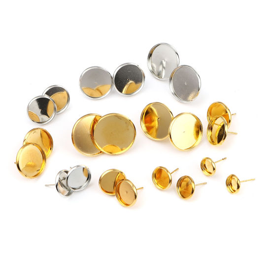 Iron Based Alloy Cabochon Settings Ear Post Stud Earrings Findings Round Gold Plated (Fit 12mm Dia.) 14mm Dia., Post/ Wire Size: (21 gauge), 30 PCs の画像