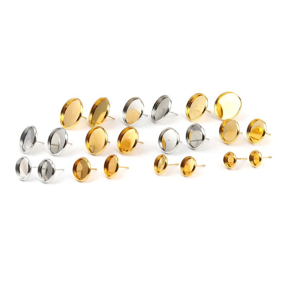 Iron Based Alloy Cabochon Settings Ear Post Stud Earrings Findings Round Silver Tone (Fit 12mm Dia.) 14mm Dia., Post/ Wire Size: (21 gauge), 30 PCs の画像