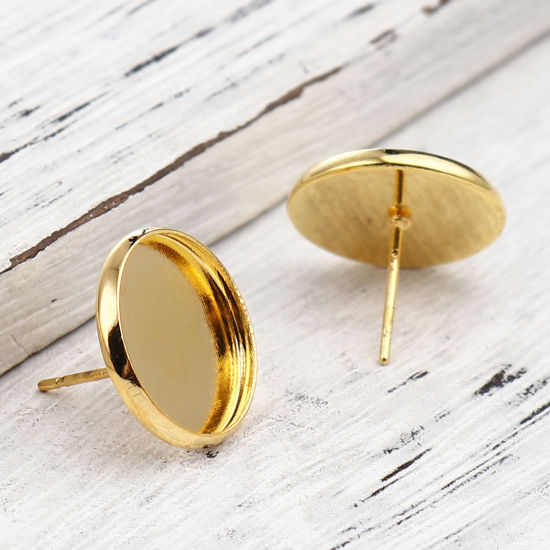 Iron Based Alloy Cabochon Settings Ear Post Stud Earrings Findings Round Gold Plated (Fit 14mm Dia.) 16mm Dia., Post/ Wire Size: (21 gauge), 30 PCs の画像