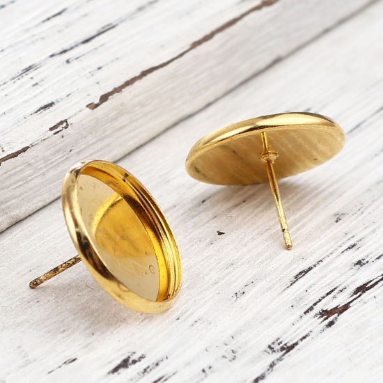 Iron Based Alloy Cabochon Settings Ear Post Stud Earrings Findings Round Gold Plated (Fit 16mm Dia.) 18mm Dia., Post/ Wire Size: (21 gauge), 30 PCs の画像