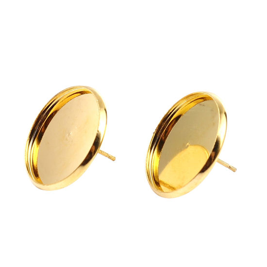 Iron Based Alloy Cabochon Settings Ear Post Stud Earrings Findings Round Gold Plated (Fit 20mm Dia.) 22mm Dia., Post/ Wire Size: (21 gauge), 30 PCs の画像