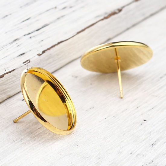 Iron Based Alloy Cabochon Settings Ear Post Stud Earrings Findings Round Gold Plated (Fit 20mm Dia.) 22mm Dia., Post/ Wire Size: (21 gauge), 30 PCs の画像