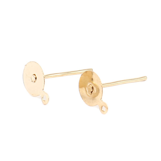 Image de Iron Based Alloy Ear Post Stud Earrings Findings Round KC Gold Plated W/ Loop Cabochon Settings (Fits 6mm Dia.) 8mm x 6mm, Post/ Wire Size: (21 gauge), 500 PCs