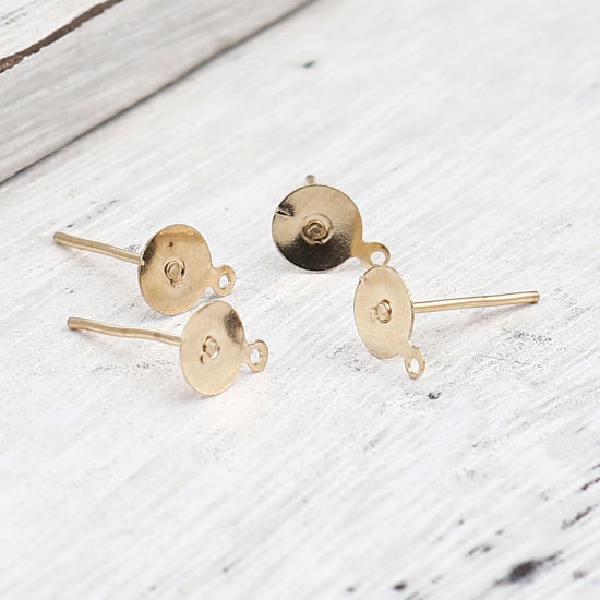Image de Iron Based Alloy Ear Post Stud Earrings Findings Round KC Gold Plated W/ Loop Cabochon Settings (Fits 6mm Dia.) 8mm x 6mm, Post/ Wire Size: (21 gauge), 500 PCs