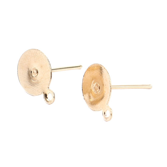 Image de Iron Based Alloy Ear Post Stud Earrings Findings Round KC Gold Plated W/ Loop Cabochon Settings (Fits 8mm Dia.) 10mm x 8mm, Post/ Wire Size: (21 gauge), 500 PCs