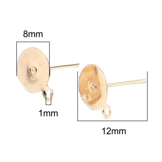 Image de Iron Based Alloy Ear Post Stud Earrings Findings Round KC Gold Plated W/ Loop Cabochon Settings (Fits 8mm Dia.) 10mm x 8mm, Post/ Wire Size: (21 gauge), 500 PCs