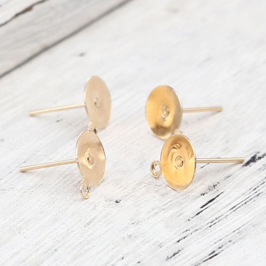 Image de Iron Based Alloy Ear Post Stud Earrings Findings Round KC Gold Plated W/ Loop Cabochon Settings (Fits 8mm Dia.) 10mm x 8mm, Post/ Wire Size: (21 gauge), 500 PCs