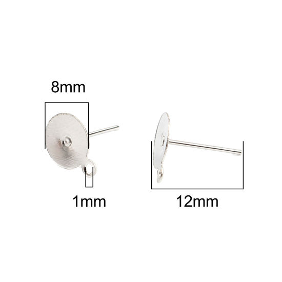 Image de Iron Based Alloy Ear Post Stud Earrings Findings Round Silver Tone W/ Loop Cabochon Settings (Fits 8mm Dia.) 10mm x 8mm, Post/ Wire Size: (21 gauge), 500 PCs