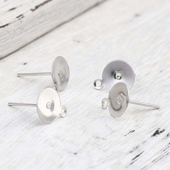 Image de Iron Based Alloy Ear Post Stud Earrings Findings Round Silver Tone W/ Loop Cabochon Settings (Fits 8mm Dia.) 10mm x 8mm, Post/ Wire Size: (21 gauge), 500 PCs