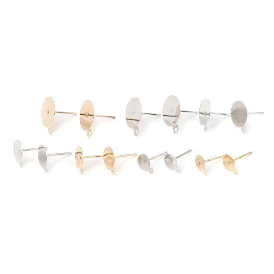 Image de Iron Based Alloy Ear Post Stud Earrings Findings Round Silver Tone W/ Loop Cabochon Settings (Fits 8mm Dia.) 10mm x 8mm, Post/ Wire Size: (21 gauge), 500 PCs
