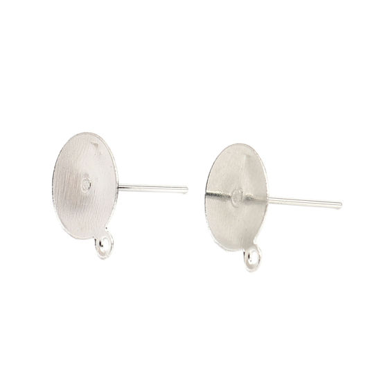 Image de Iron Based Alloy Ear Post Stud Earrings Findings Round Silver Tone W/ Loop Cabochon Settings (Fits 10mm Dia.) 13mm x 10mm, Post/ Wire Size: (21 gauge), 200 PCs