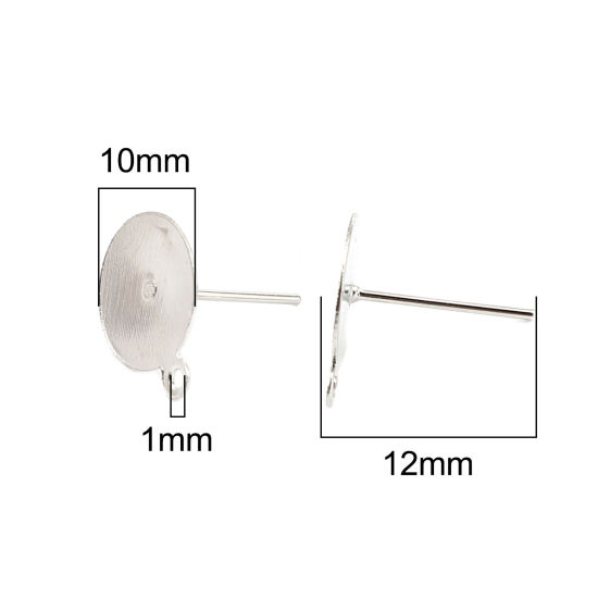 Image de Iron Based Alloy Ear Post Stud Earrings Findings Round Silver Tone W/ Loop Cabochon Settings (Fits 10mm Dia.) 13mm x 10mm, Post/ Wire Size: (21 gauge), 200 PCs