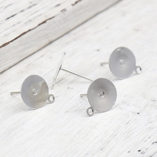 Image de Iron Based Alloy Ear Post Stud Earrings Findings Round Silver Tone W/ Loop Cabochon Settings (Fits 10mm Dia.) 13mm x 10mm, Post/ Wire Size: (21 gauge), 200 PCs