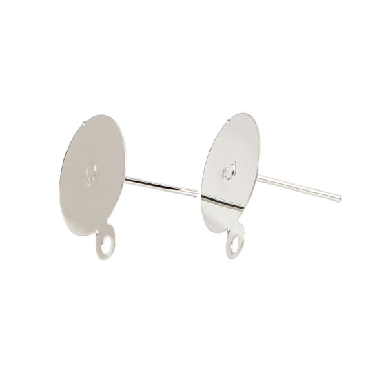 Image de Iron Based Alloy Ear Post Stud Earrings Findings Round Silver Tone W/ Loop Cabochon Settings (Fits 12mm Dia.) 15mm x 12mm, Post/ Wire Size: (21 gauge), 200 PCs
