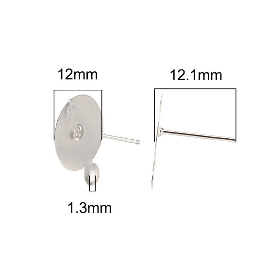 Image de Iron Based Alloy Ear Post Stud Earrings Findings Round Silver Tone W/ Loop Cabochon Settings (Fits 12mm Dia.) 15mm x 12mm, Post/ Wire Size: (21 gauge), 200 PCs