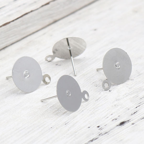 Image de Iron Based Alloy Ear Post Stud Earrings Findings Round Silver Tone W/ Loop Cabochon Settings (Fits 12mm Dia.) 15mm x 12mm, Post/ Wire Size: (21 gauge), 200 PCs