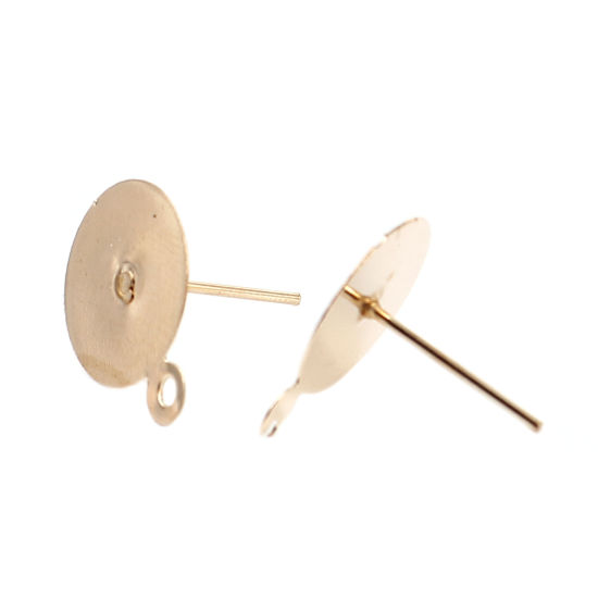 Image de Iron Based Alloy Ear Post Stud Earrings Findings Round KC Gold Plated W/ Loop Cabochon Settings (Fits 12mm Dia.) 15mm x 12mm, Post/ Wire Size: (21 gauge), 200 PCs