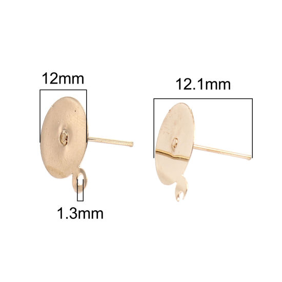 Image de Iron Based Alloy Ear Post Stud Earrings Findings Round KC Gold Plated W/ Loop Cabochon Settings (Fits 12mm Dia.) 15mm x 12mm, Post/ Wire Size: (21 gauge), 200 PCs