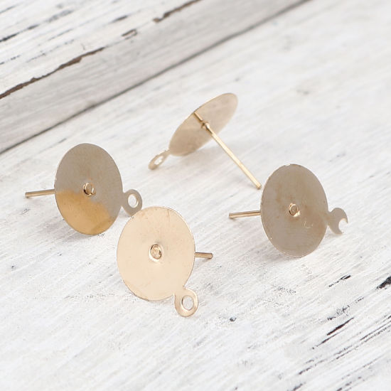 Image de Iron Based Alloy Ear Post Stud Earrings Findings Round KC Gold Plated W/ Loop Cabochon Settings (Fits 12mm Dia.) 15mm x 12mm, Post/ Wire Size: (21 gauge), 200 PCs