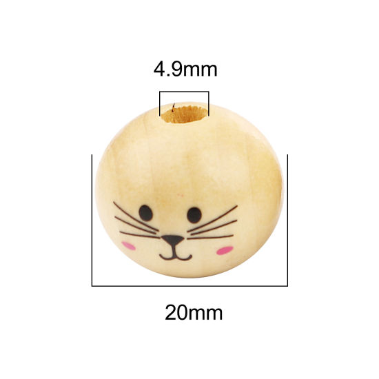 ウッド ビーズ ボール ナチュラル 猫柄 約 20mm直径、 穴：約 4.9mm、 30 個 の画像