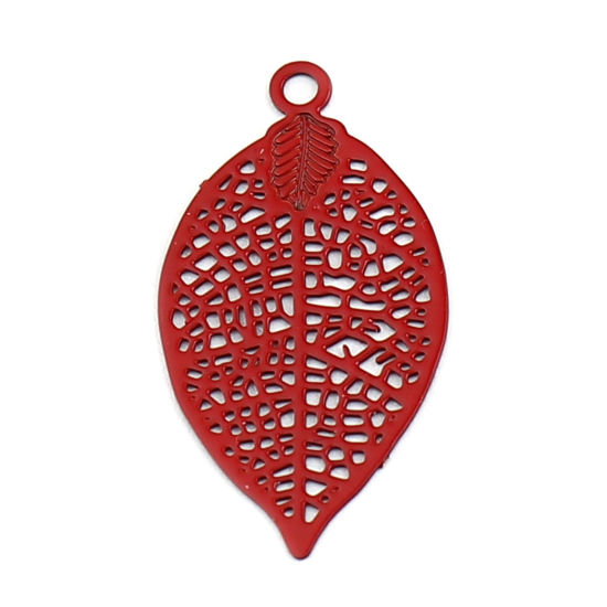 Immagine di Ottone Filigree Stamping Charms Rosso Foglia 19mm x 10mm, 50 Pz