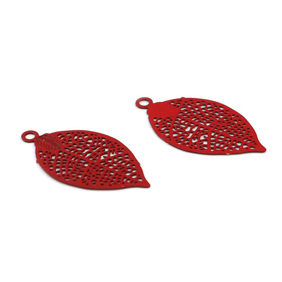 Immagine di Ottone Filigree Stamping Charms Rosso Foglia 19mm x 10mm, 50 Pz