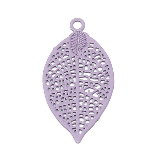Immagine di Ottone Filigree Stamping Charms Colore Viola Foglia 19mm x 10mm, 50 Pz