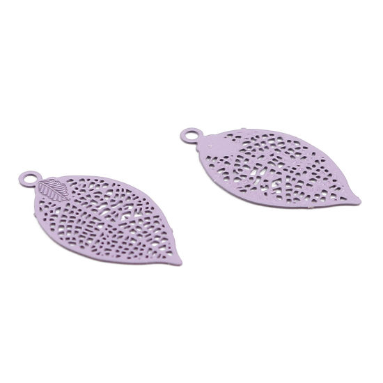 Immagine di Ottone Filigree Stamping Charms Colore Viola Foglia 19mm x 10mm, 50 Pz