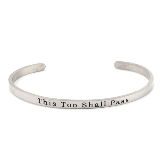 304 Stainless Steel Open Cuff Bangles Bracelets Silver Tone Message " This Too Shall Pass " 17cm(6 6/8") long, 1 Piece の画像