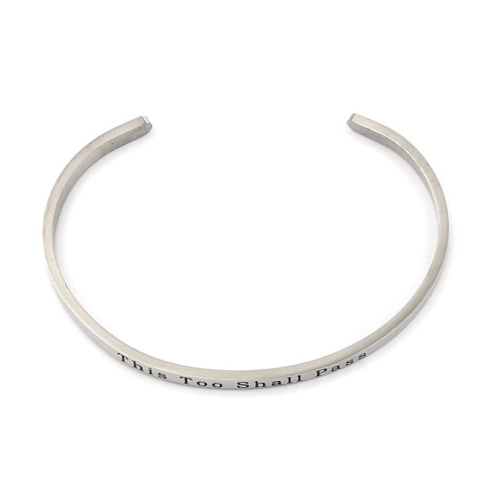 304 Stainless Steel Open Cuff Bangles Bracelets Silver Tone Message " This Too Shall Pass " 17cm(6 6/8") long, 1 Piece の画像