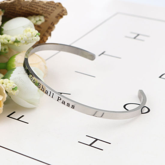 304 Stainless Steel Open Cuff Bangles Bracelets Silver Tone Message " This Too Shall Pass " 17cm(6 6/8") long, 1 Piece の画像