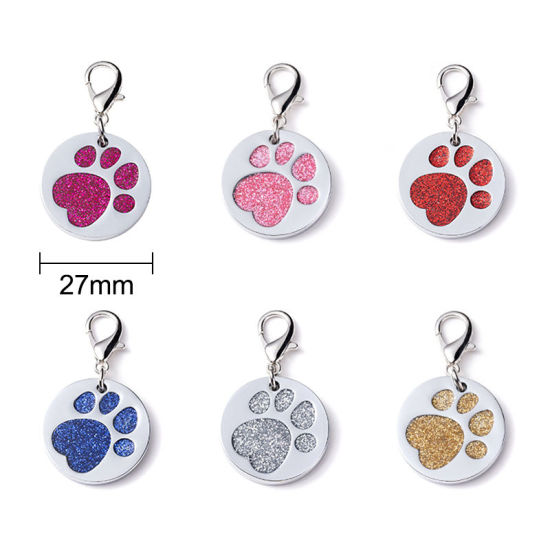 Immagine di Zinc Based Alloy Pet Memorial Charms Round Disc Silver Tone Golden Paw Claw Glitter 27mm, 2 PCs
