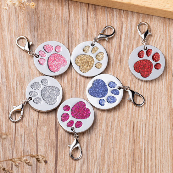 Immagine di Zinc Based Alloy Pet Memorial Charms Round Disc Silver Tone Golden Paw Claw Glitter 27mm, 2 PCs