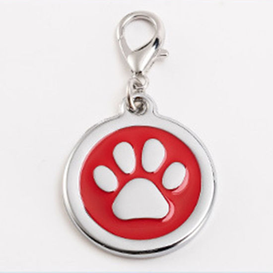 Immagine di Zinc Based Alloy Pet Memorial Charms Round Disc Silver Tone Red Paw Claw Enamel 25mm, 2 PCs