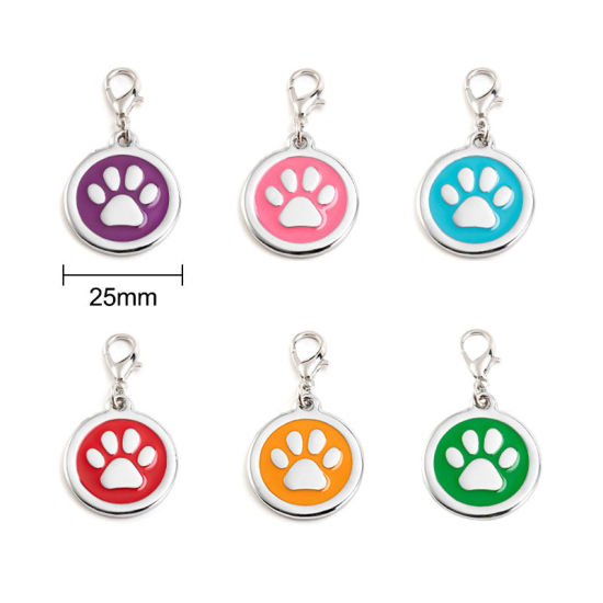 Immagine di Zinc Based Alloy Pet Memorial Charms Round Disc Silver Tone Red Paw Claw Enamel 25mm, 2 PCs