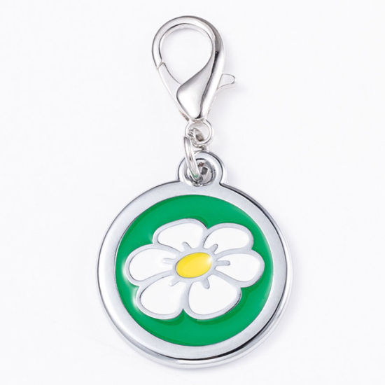 Immagine di Zinc Based Alloy Pet Memorial Charms Round Disc Silver Tone Green Flower Enamel 25mm, 2 PCs