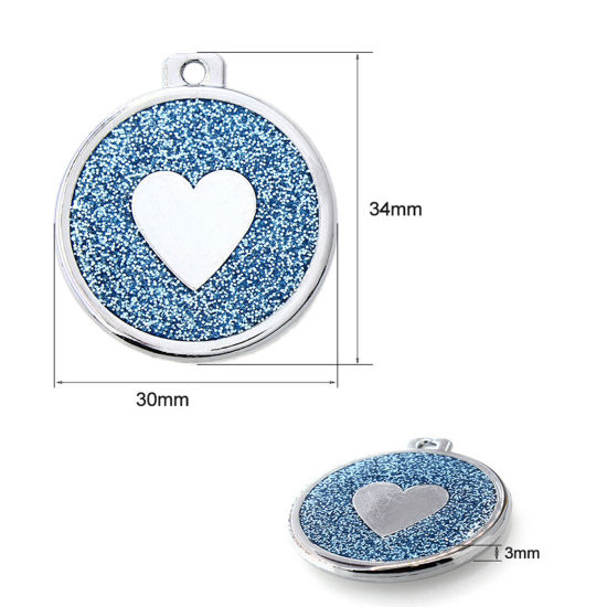 Immagine di Zinc Based Alloy Pet Memorial Pendants Round Disc Silver Tone Light Blue Heart Glitter 34mm x 30mm, 5 PCs