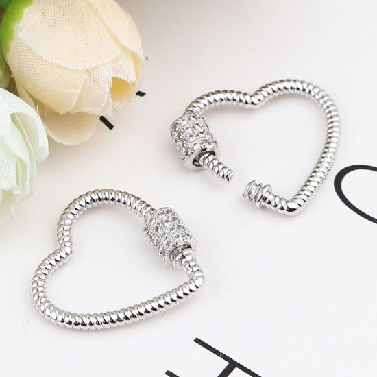 Immagine di Ottone vite fibbia Gancio di Chiusura Cuore Tono Argento Possono Essere Svitati Trasparente Strass 23mm x 23mm, 1 Pz