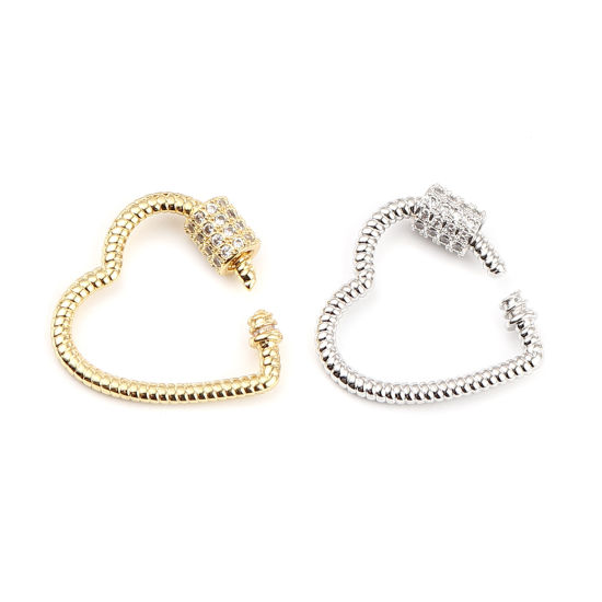 Immagine di Ottone vite fibbia Gancio di Chiusura Cuore Tono Argento Possono Essere Svitati Trasparente Strass 23mm x 23mm, 1 Pz