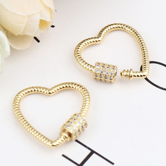 Immagine di Ottone vite fibbia Gancio di Chiusura Cuore Oro Placcato Possono Essere Svitati Trasparente Strass 23mm x 23mm, 1 Pz
