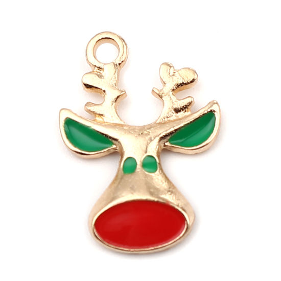 Immagine di Lega di Zinco Charms Renna di Natale Oro Placcato Rosso & Verde Smalto 21mm x 14mm , 10 Pz